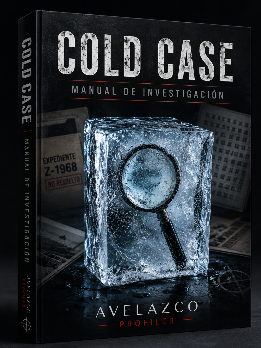 Cold Case — Manual de Investigación, portada del libro con un cubo de hielo y una lupa
